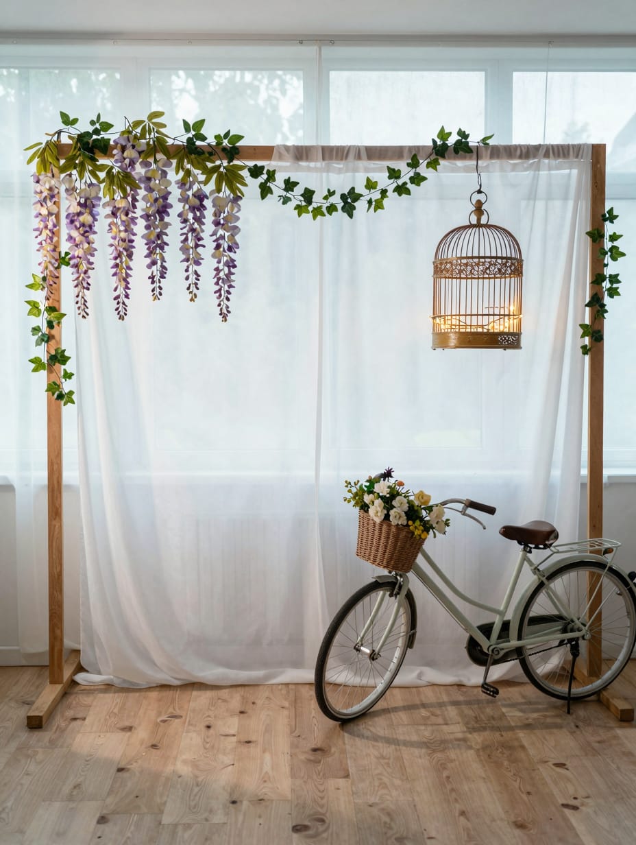A whimsical outdoor photo booth backdrop adorned with cascading flowers and greenery.