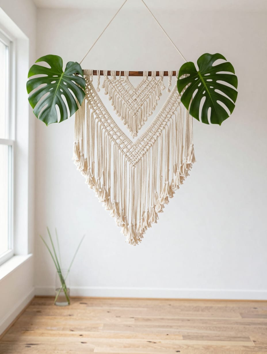 Large cream macrame wall hanging with fringe attached to a light wood branch.