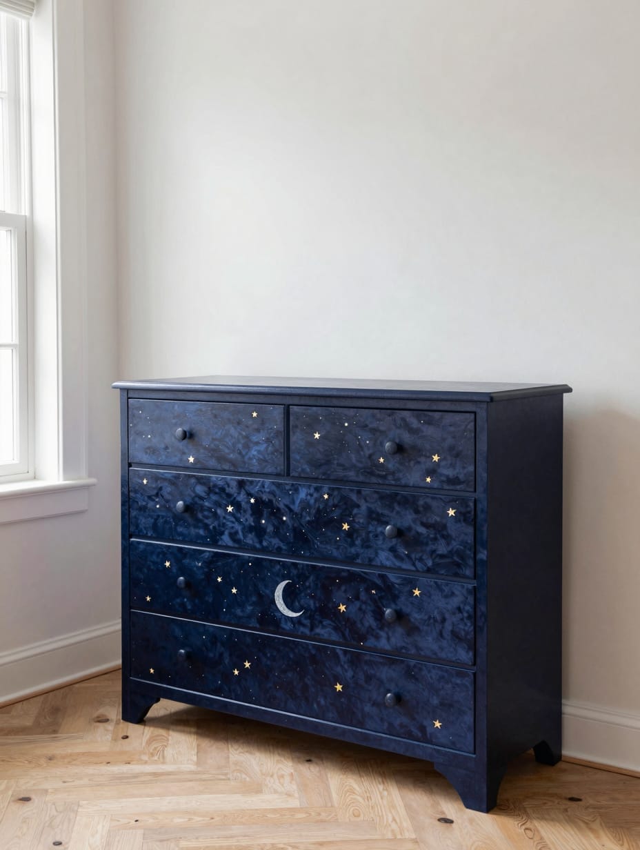 A wooden dresser painted with a dark blue and purple cosmic dreamscape, featuring stars and planets.