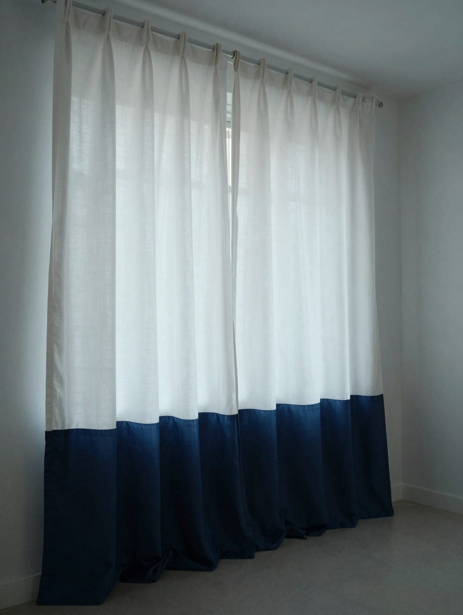 Kitchen window with modern minimalist color block curtains in neutral tones, clean design.