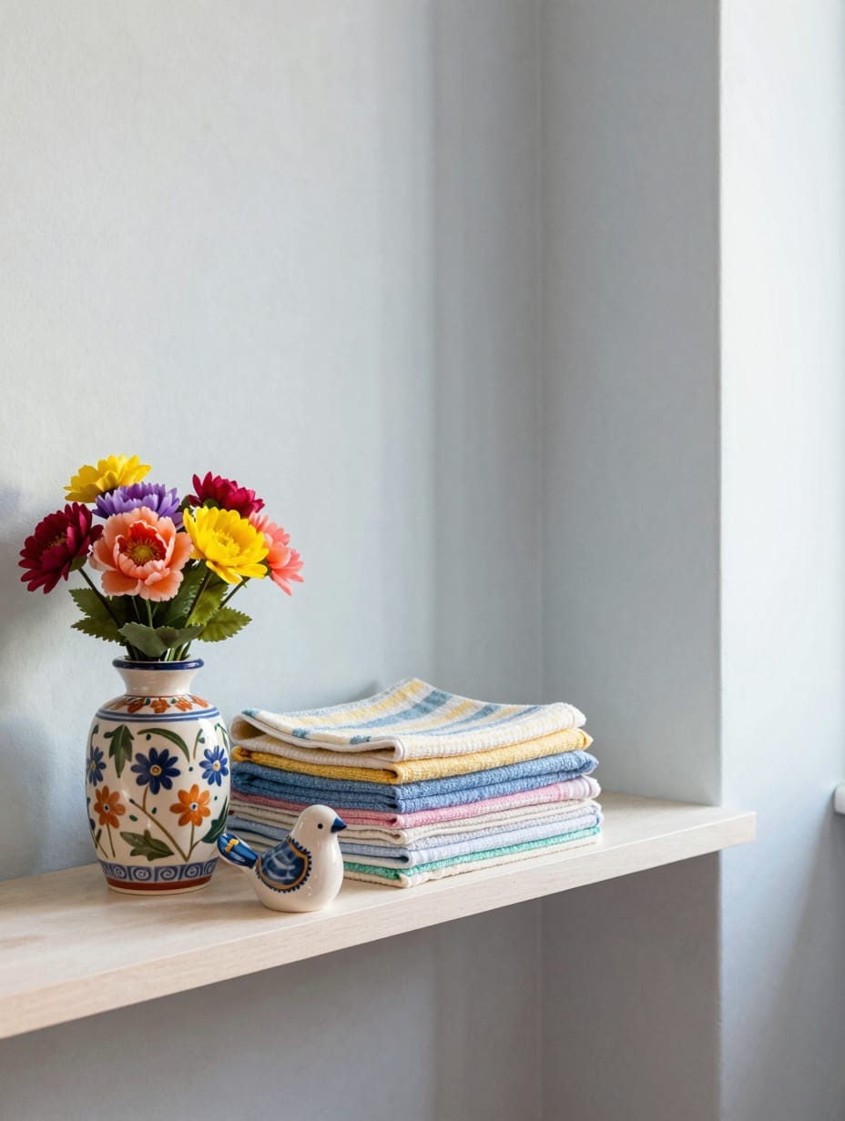 Bathroom shelf decorated with a small patterned dish and colorful hand towels.