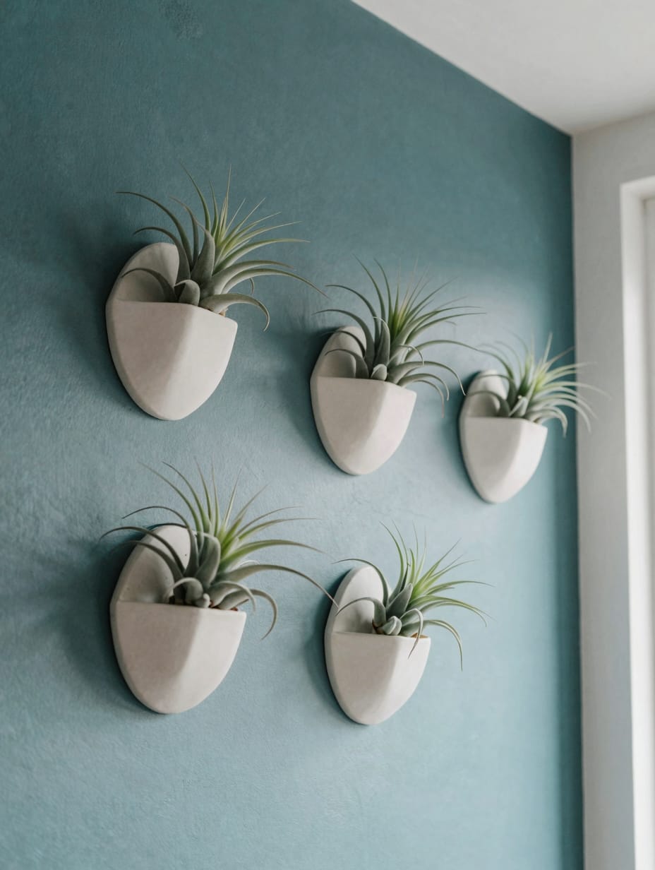 White ceramic wall planters with green trailing plants mounted on a bathroom wall.