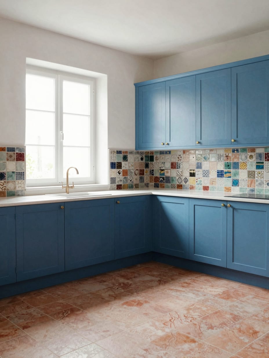 Bright azure blue kitchen cabinets in a kitchen with Mediterranean style.