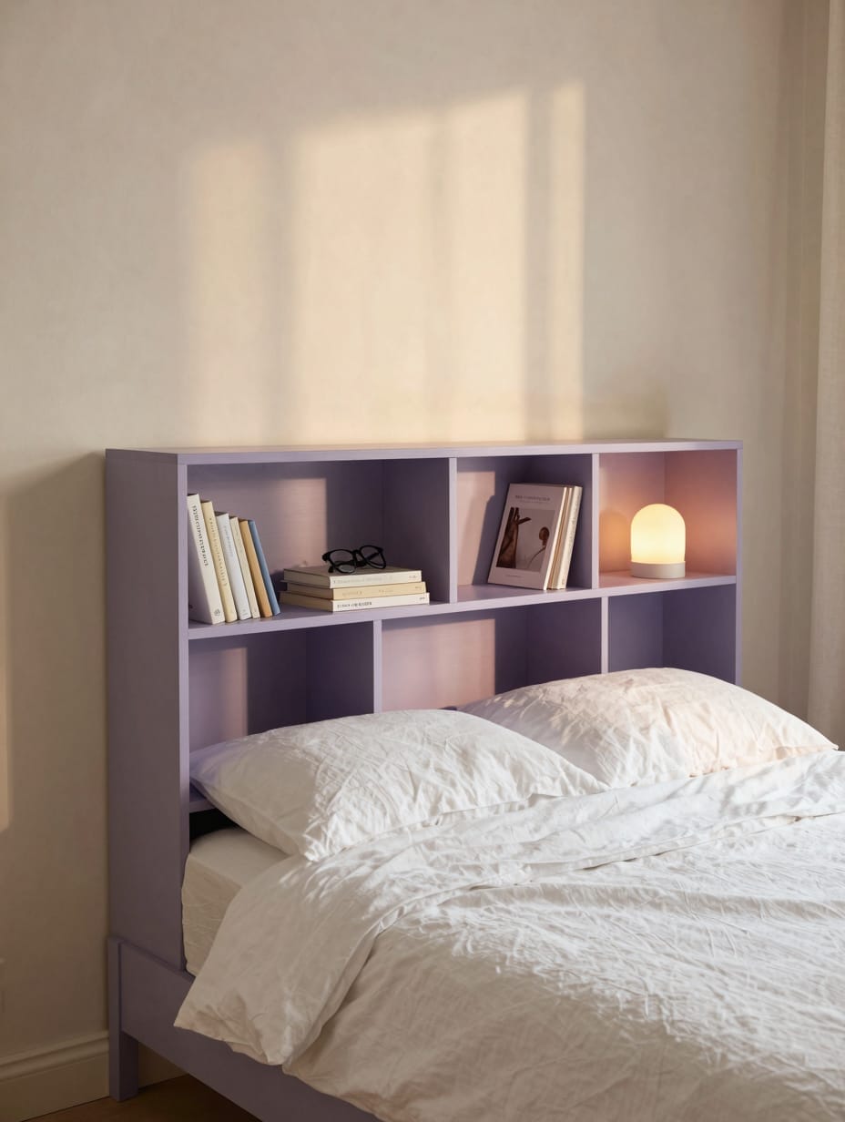 Minimalist bedside bookshelf, wall-mounted, holding a few books and a small warm lamp next to a bed.