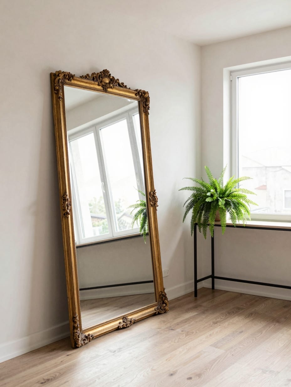 A large round mirror hanging above a sofa reflecting a bright window.
