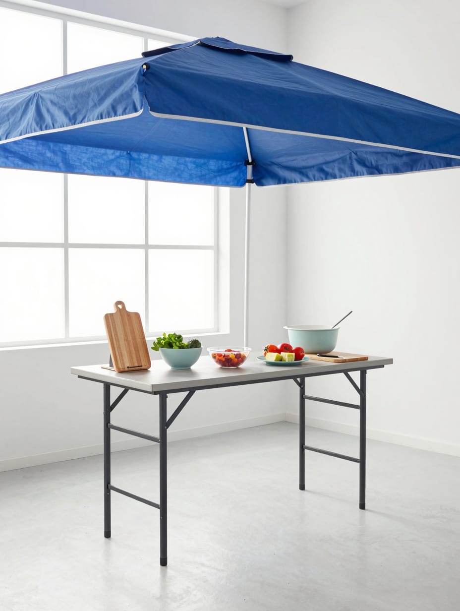 A white folding table covered in cloth under a small tan shade canopy in a backyard.