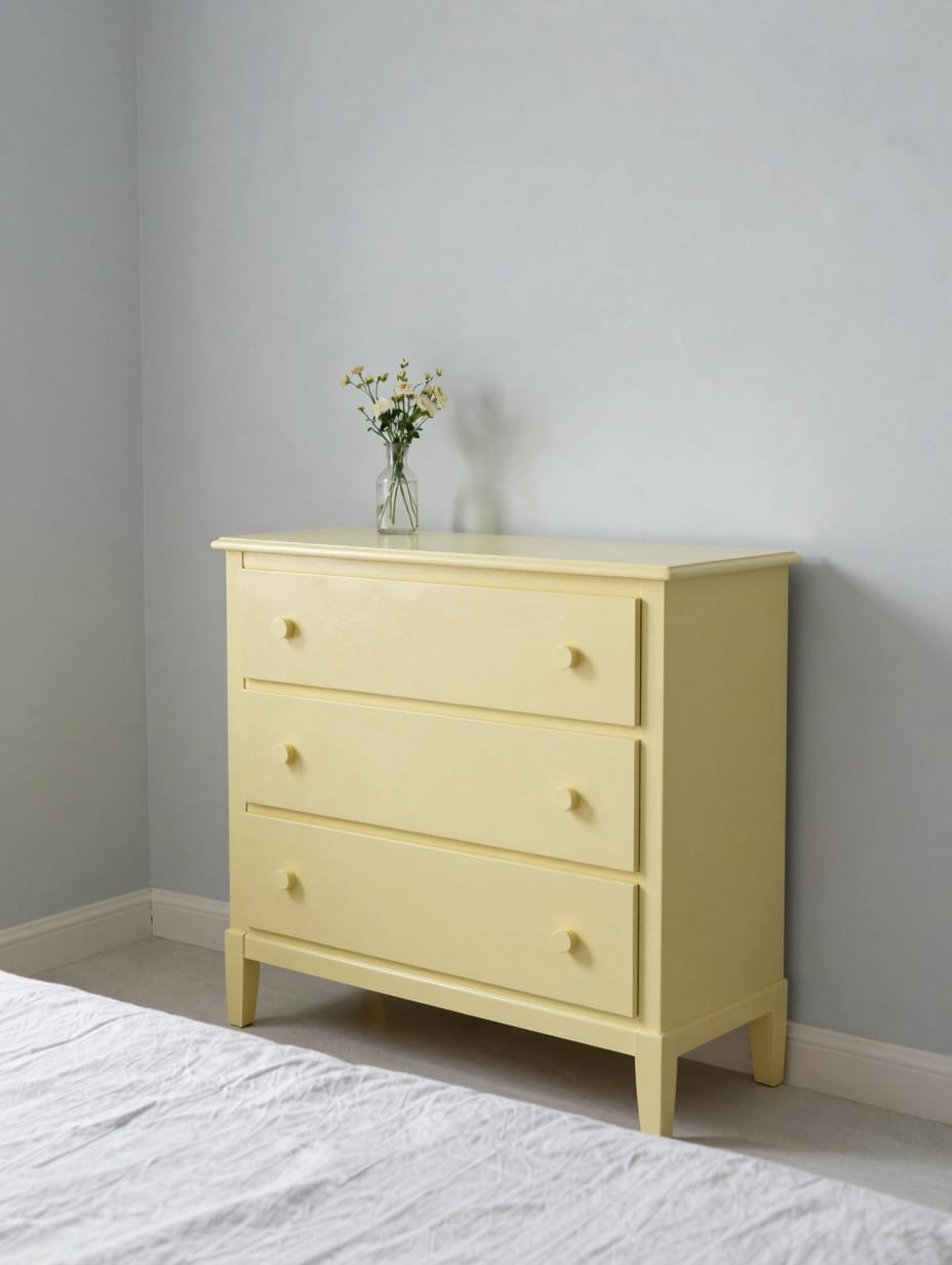 A butter yellow painted dresser or chest acting as a statement piece in a bedroom.