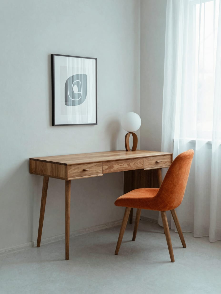 Mid-century modern corner desk with tapered legs, wood finish, and retro decor.