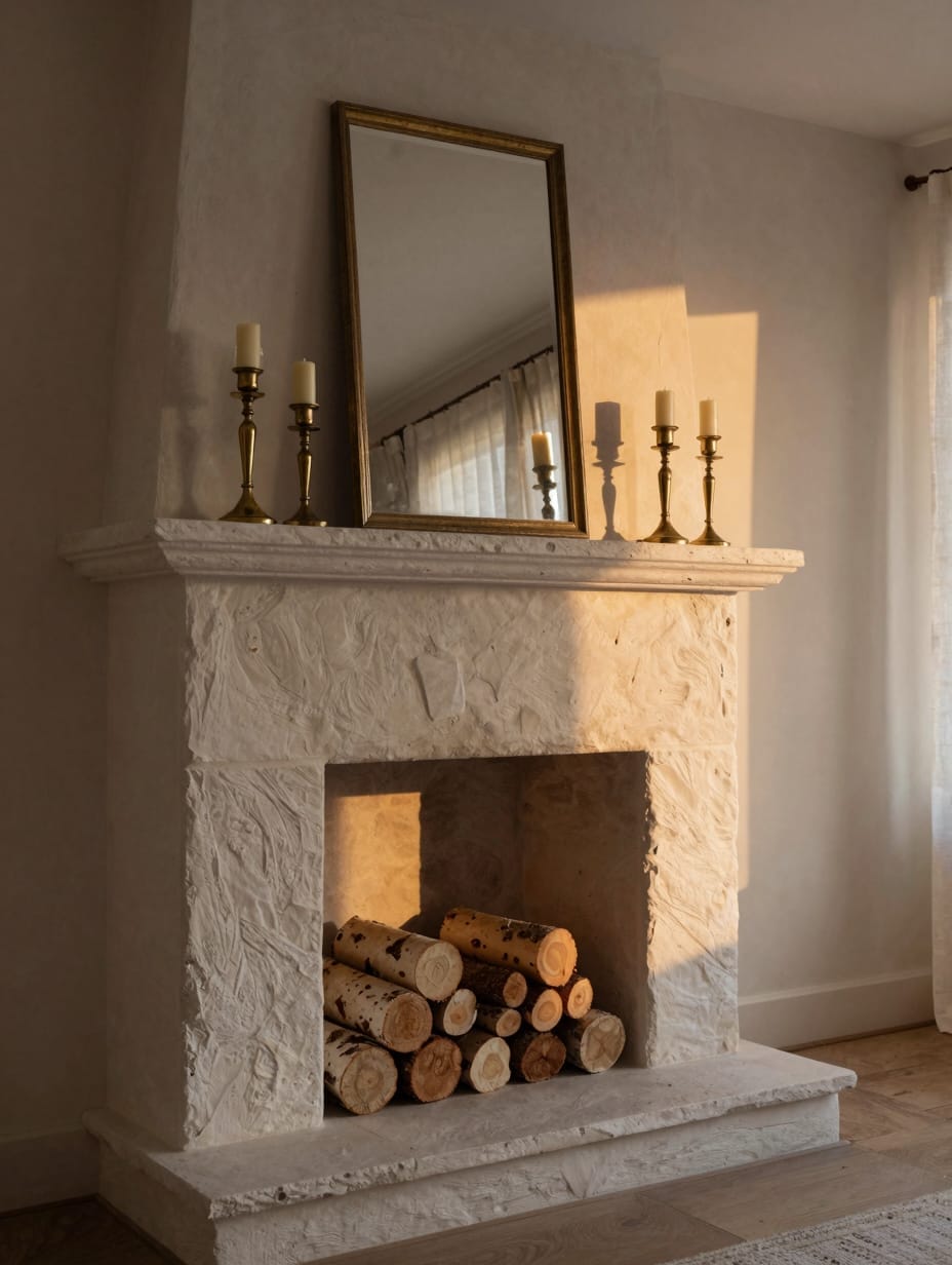 Cozy hearth with neatly stacked firewood, brass candle holders, and taper candles.