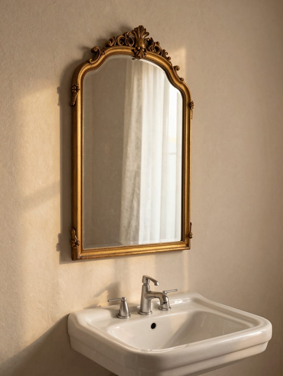 Large round statement mirror with a thin gold frame above a bathroom vanity.