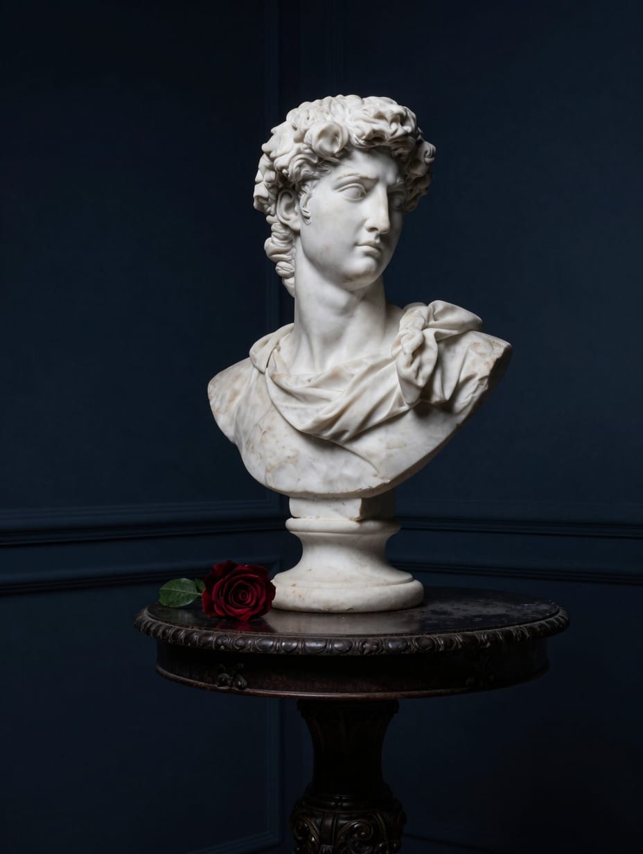 Dark bedroom with a white classical bust on a dark wooden bookshelf surrounded by books.