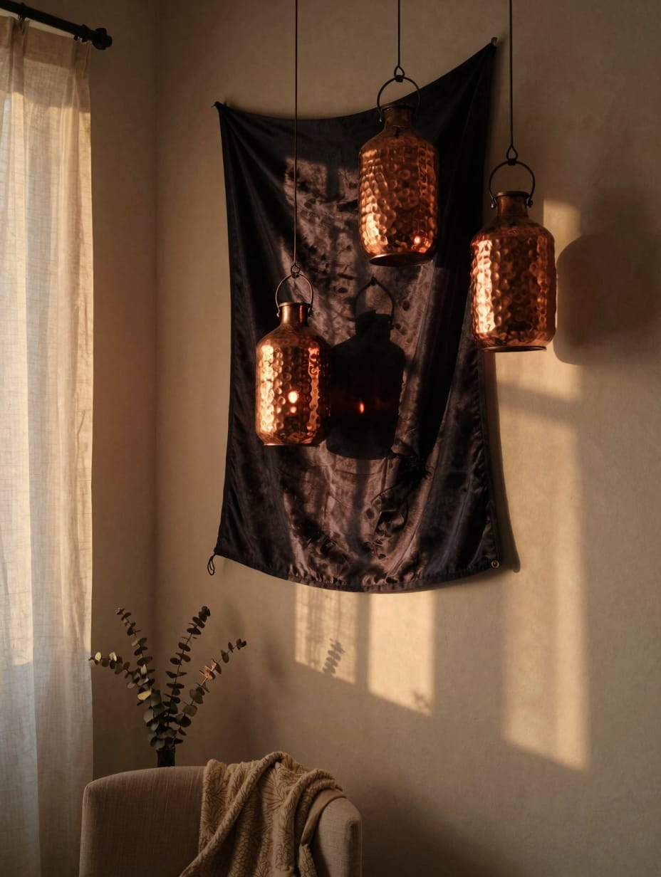 Copper lanterns hanging next to a shimmering silk tapestry on a dark bedroom wall.