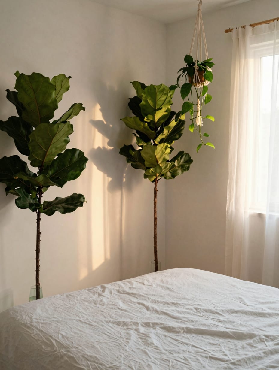 Hanging pothos plants and a large fiddle leaf fig in a green earthy bedroom.