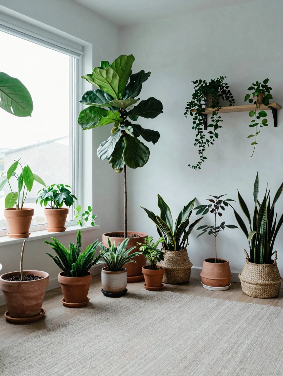 Eclectic living room filled with various green plants, adding natural vibrance.