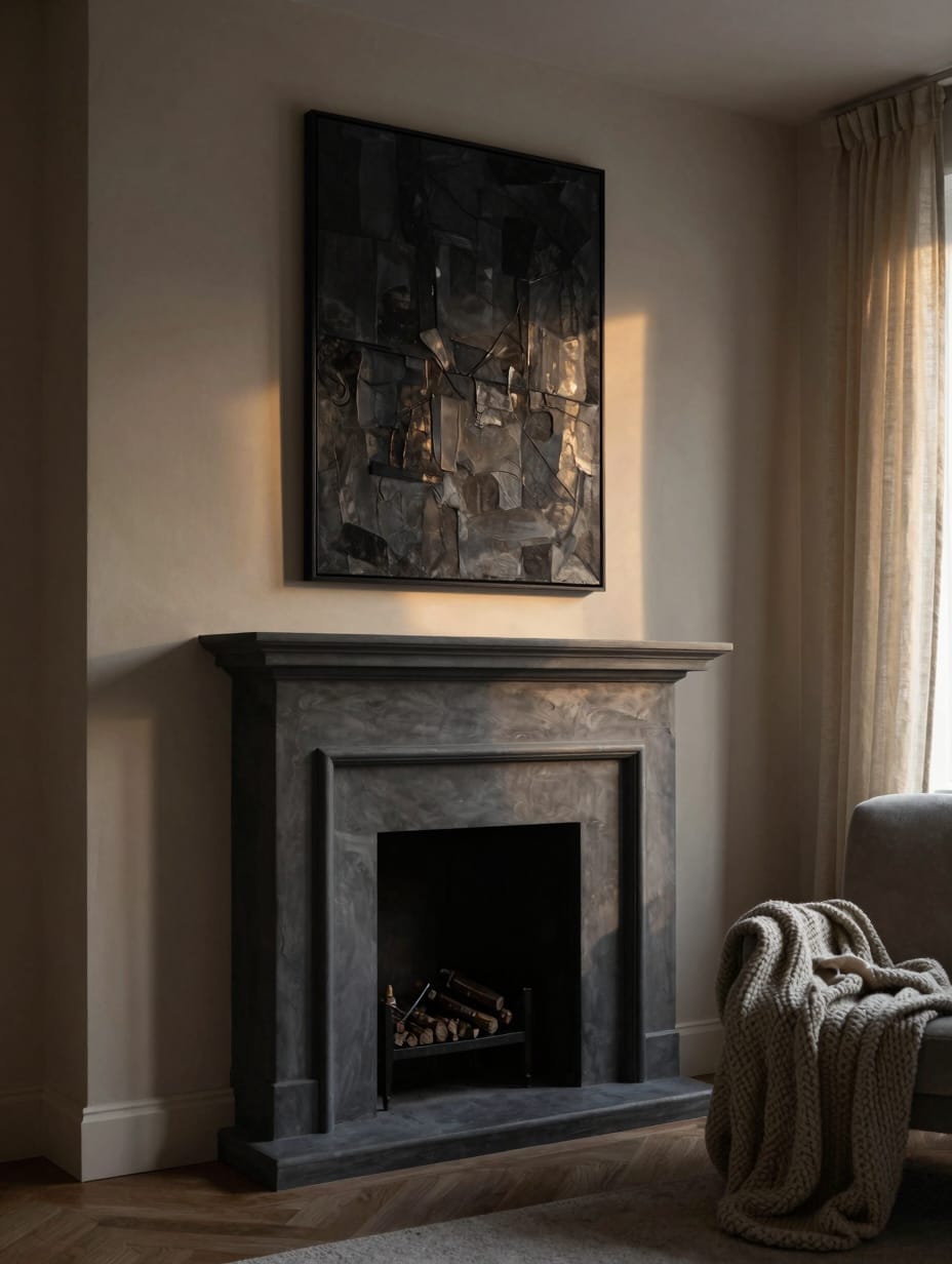 A fireplace with a deep navy painted surround, adorned with warm brass decorative accents.