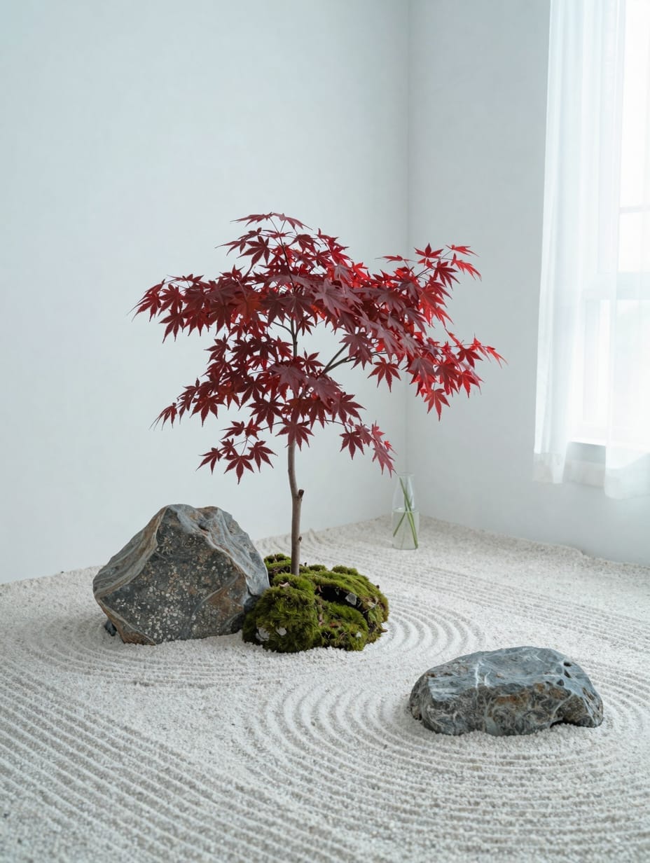 A single red Japanese maple tree in a minimalist bed of black river stones and mossy boulders.