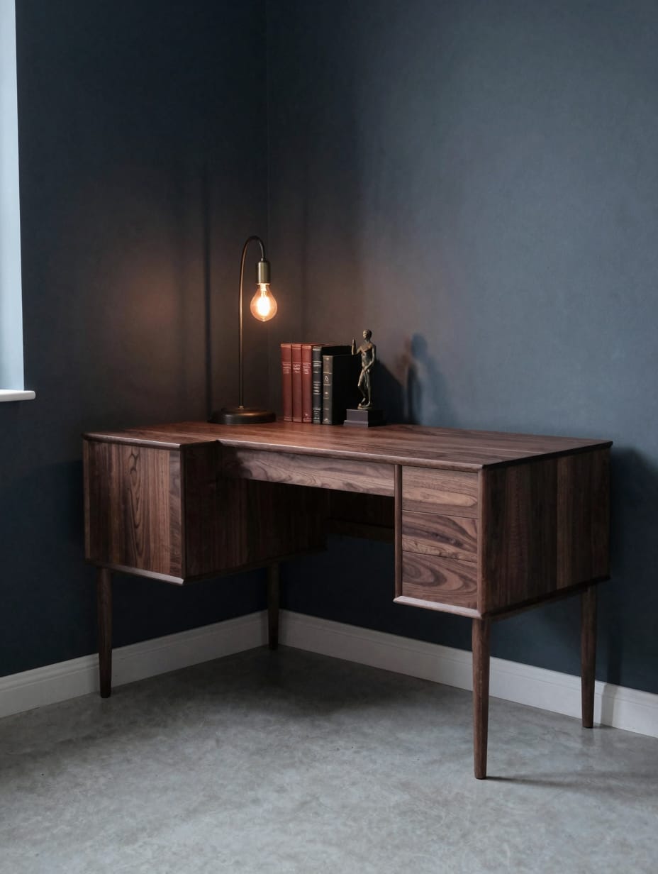 Moody home office corner with a dark gray wall, a substantial dark wooden desk, and a desk lamp.