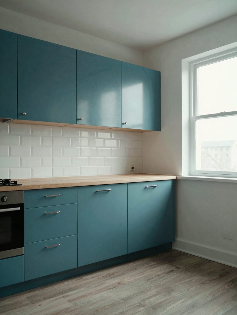Eclectic kitchen featuring vibrant teal cabinets and open wooden shelves