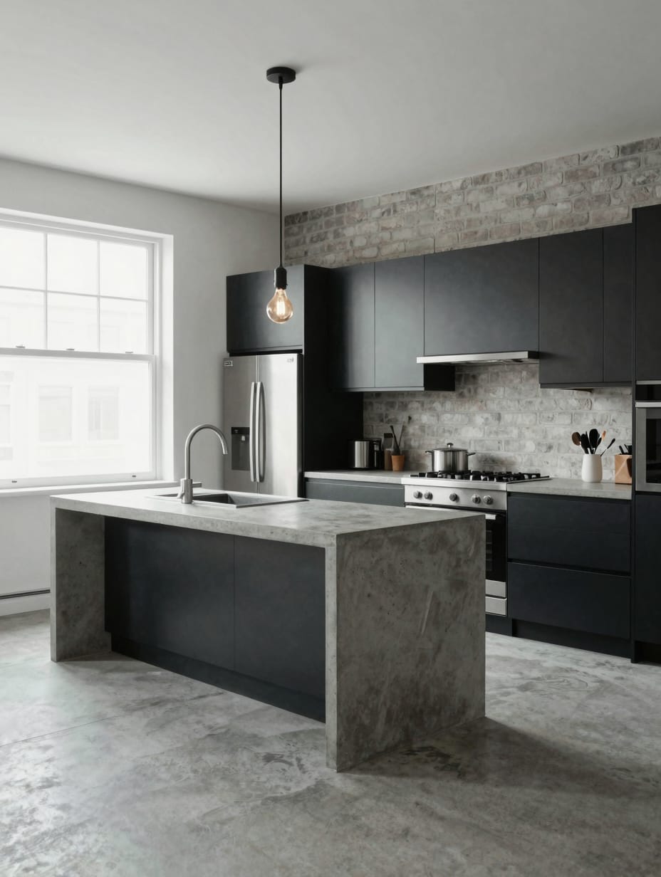 A modern kitchen featuring concrete countertops and black cabinets, with an exposed brick wall accent.