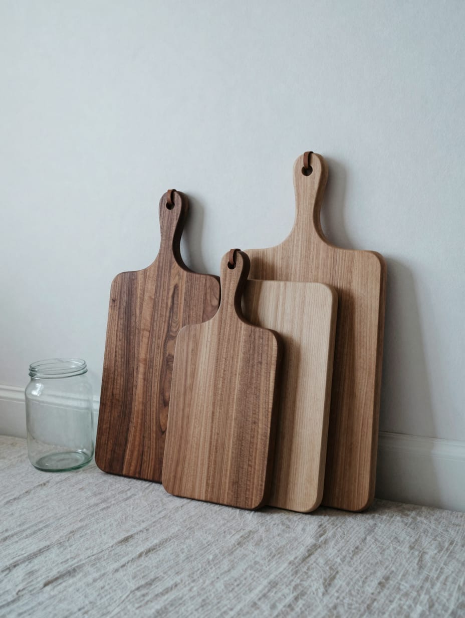 A stack of various wooden cutting boards leaning against a kitchen island wall.