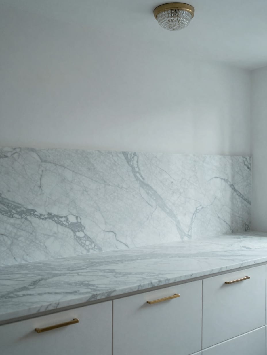 White marble backsplash with grey veining behind a gold laundry faucet.