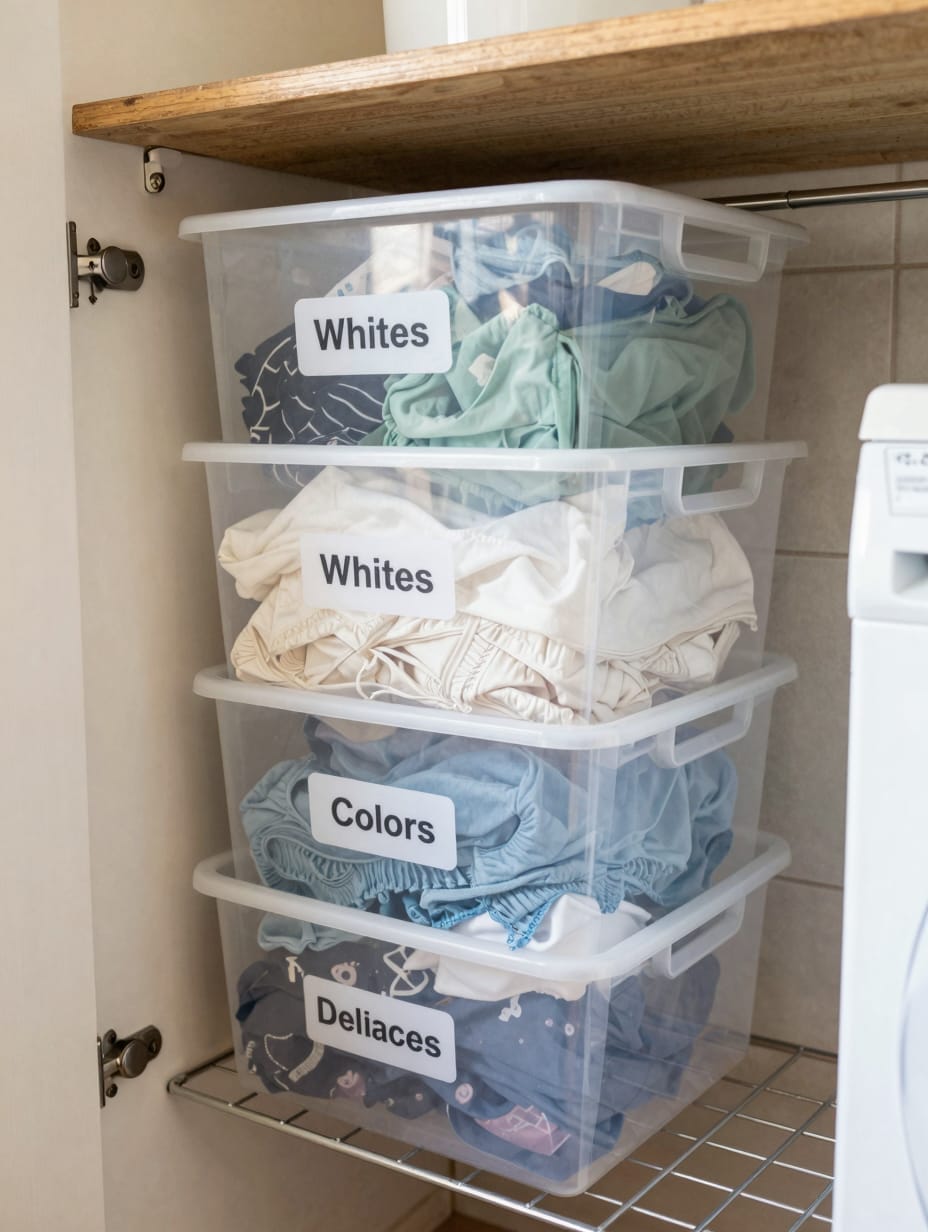 Stackable storage bins organizing shelves in a renovated laundry room, making the laundry room remodel more efficient.