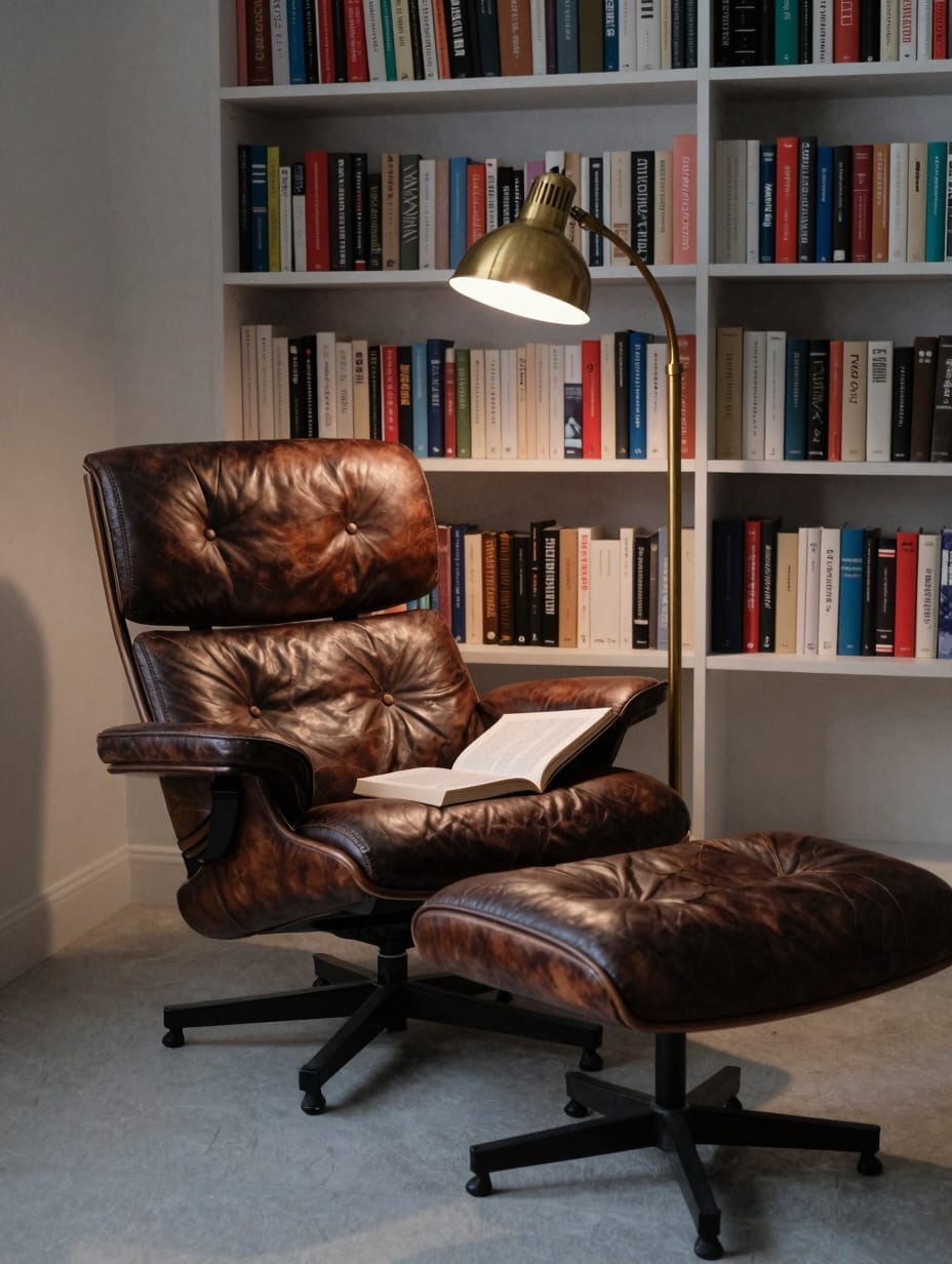 A black leather lounge chair and ottoman in a cozy reading corner.