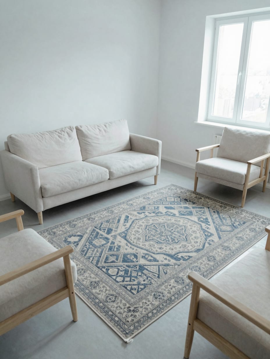 A minimalist living room featuring a large statement rug with a subtle pattern, anchoring the seating area.