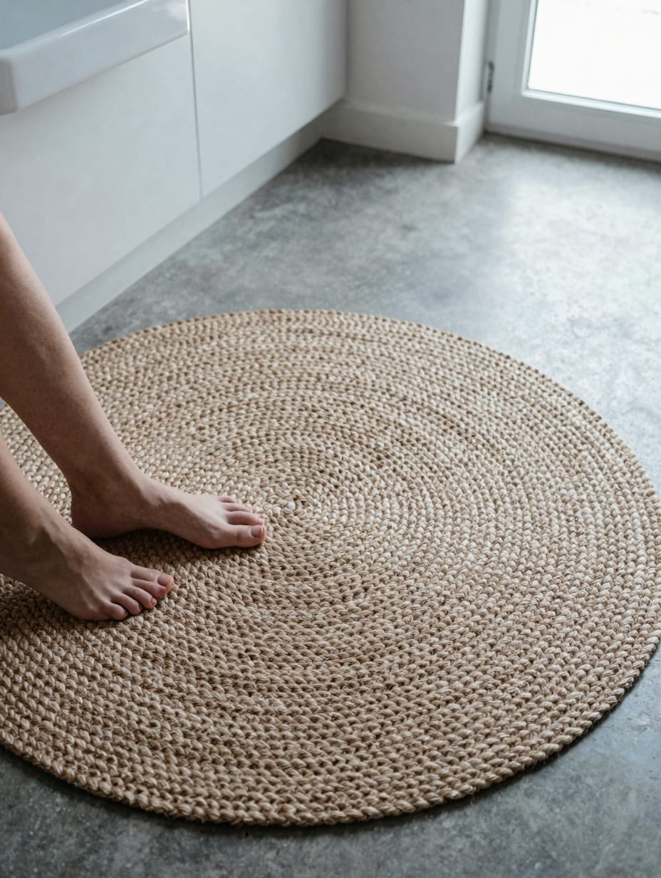 Kitchen with a round jute rug under a dining table, natural texture.