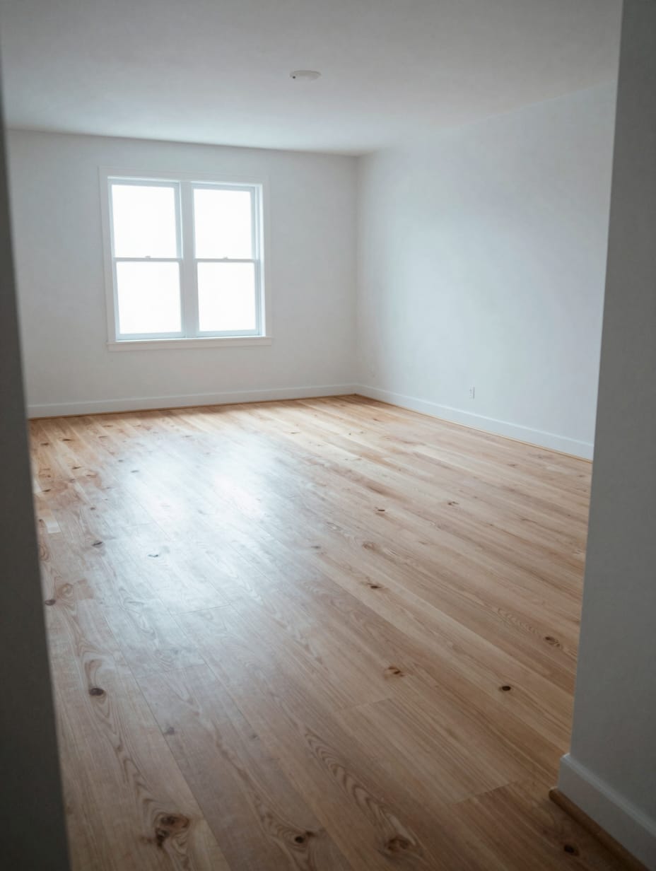 Continuous hardwood flooring flowing from a modern kitchen into a bright lounge.