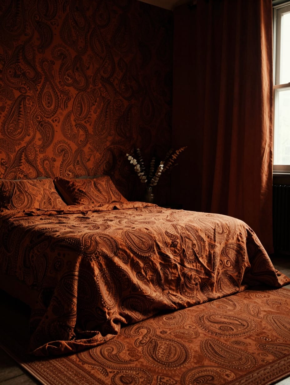A cozy bedroom decorated with autumnal paisley patterns on bedding, curtains, and an accent chair in warm tones.
