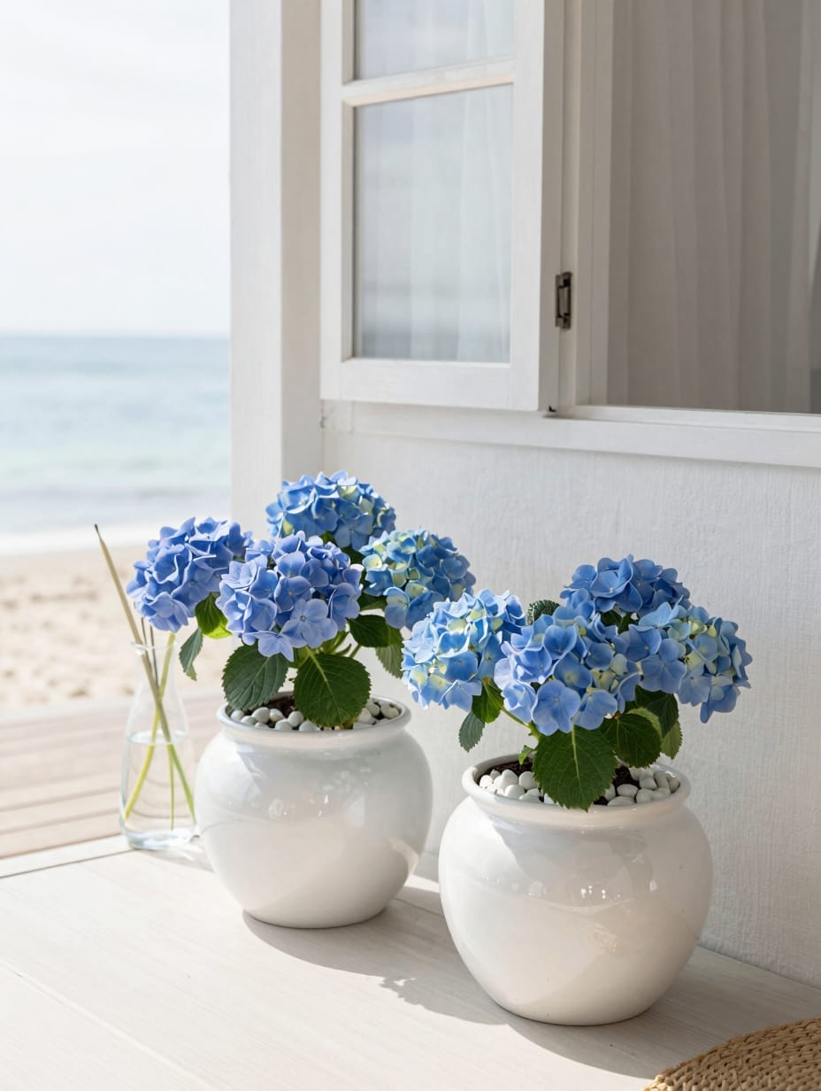 Blue and white porch planters with white hydrangeas and green foliage for a coastal look.