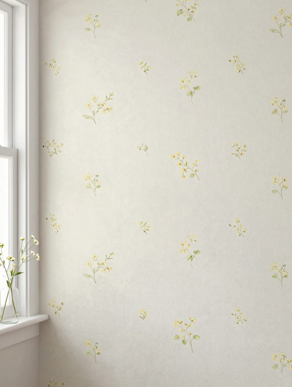 A powder room wall featuring a delicate floral patterned peel-and-stick wallpaper.