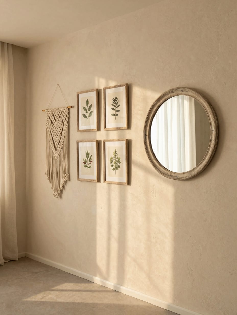 A gallery wall in a rustic living room featuring framed botanical prints and a textured woven wall hanging.