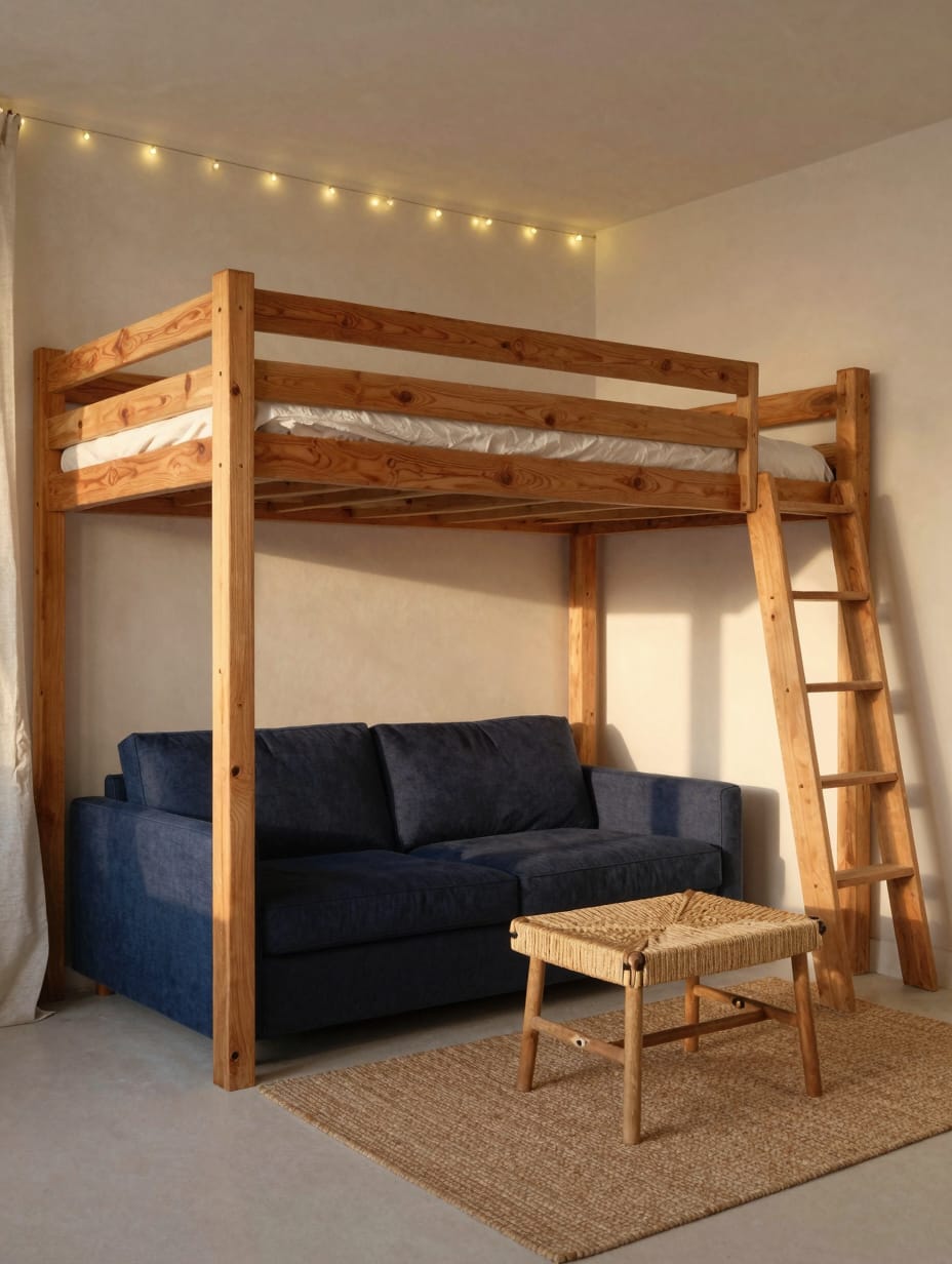 Modern loft bed with a small sofa and rug positioned underneath.