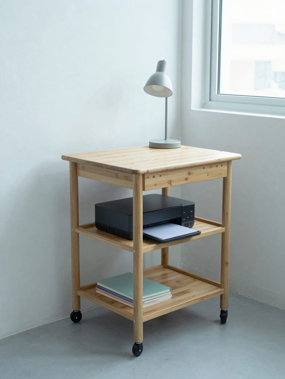 A compact rolling desk with a light wooden top and black metal frame, positioned in a bright room.