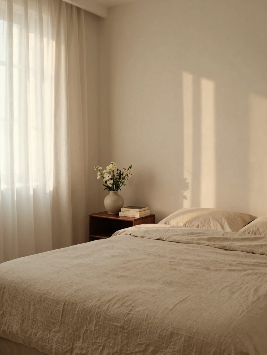 Minimalist living room with a few carefully chosen decorative items on a shelf and a single plant.