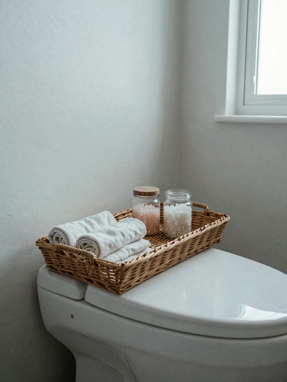 Two woven willow trays on a white counter holding glass bottles and a bar of soap.