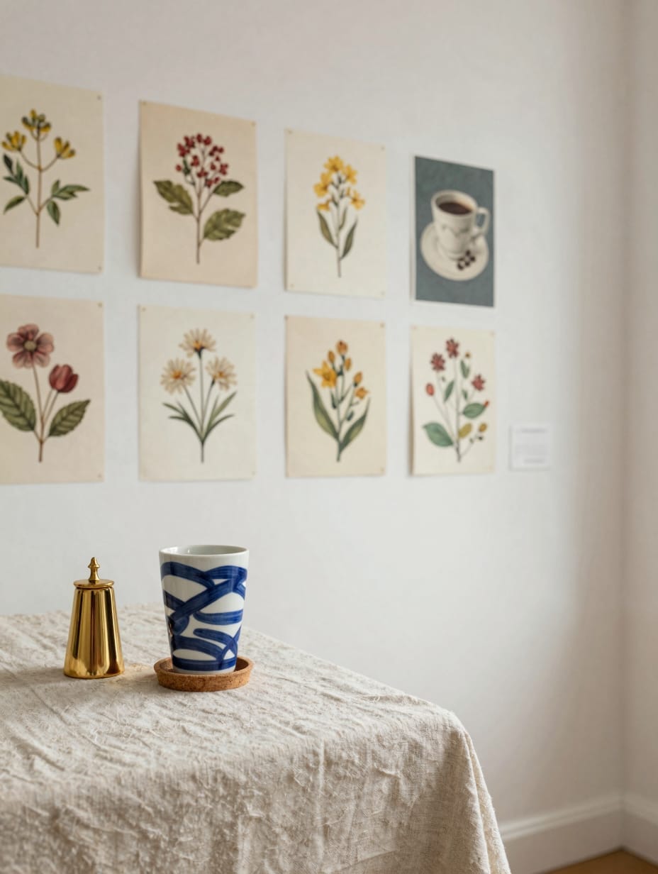 An artistic spring coffee bar featuring a small framed botanical print, unique ceramic mugs, and a vintage-style coffee gr...