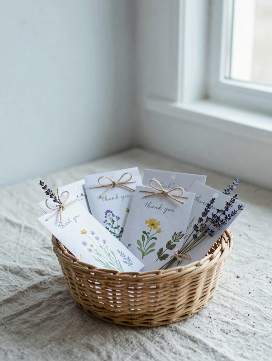 A collection of charming personalized seed packet favors tied with twine, ready for guests.