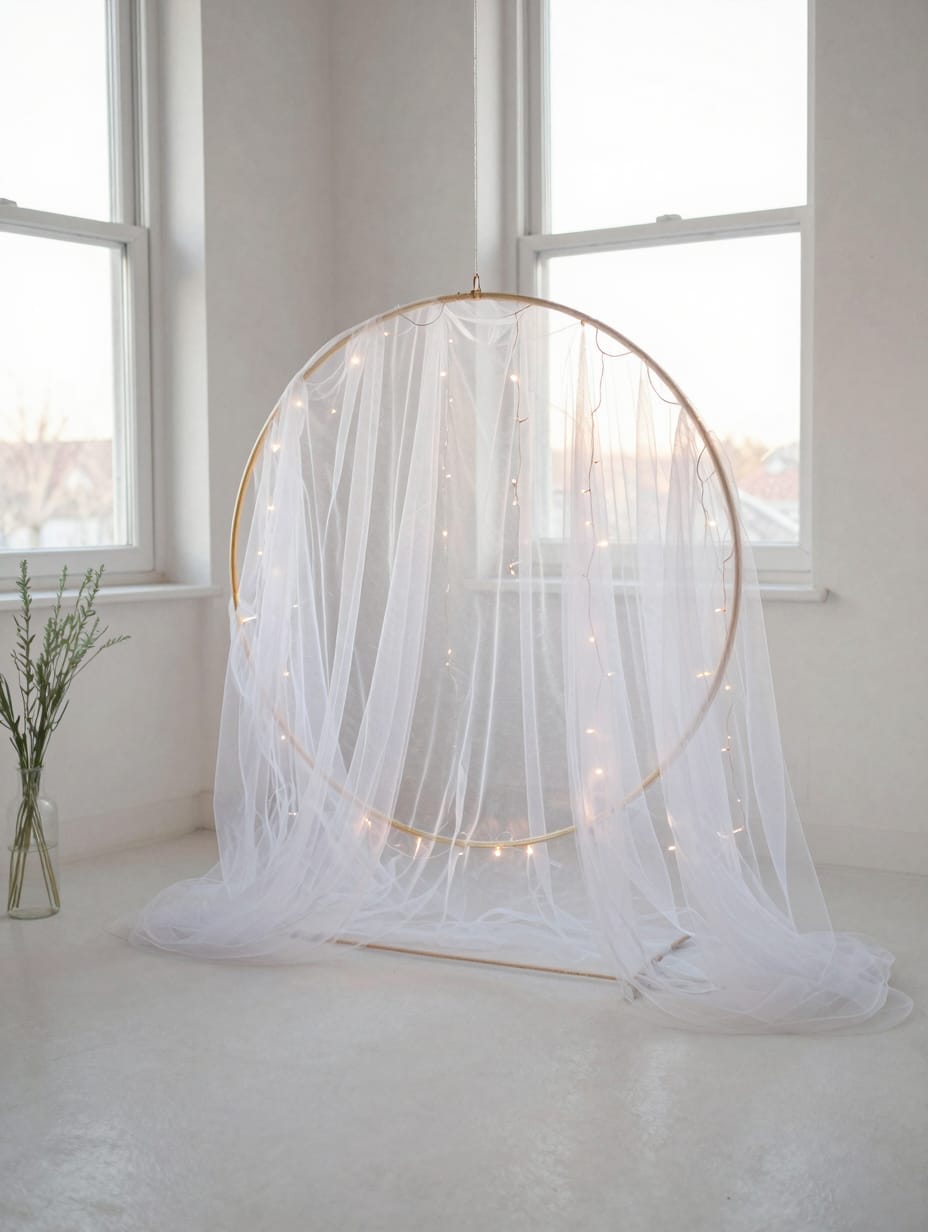 White tulle fabric draped over an arch with sparkling white fairy lights visible underneath.