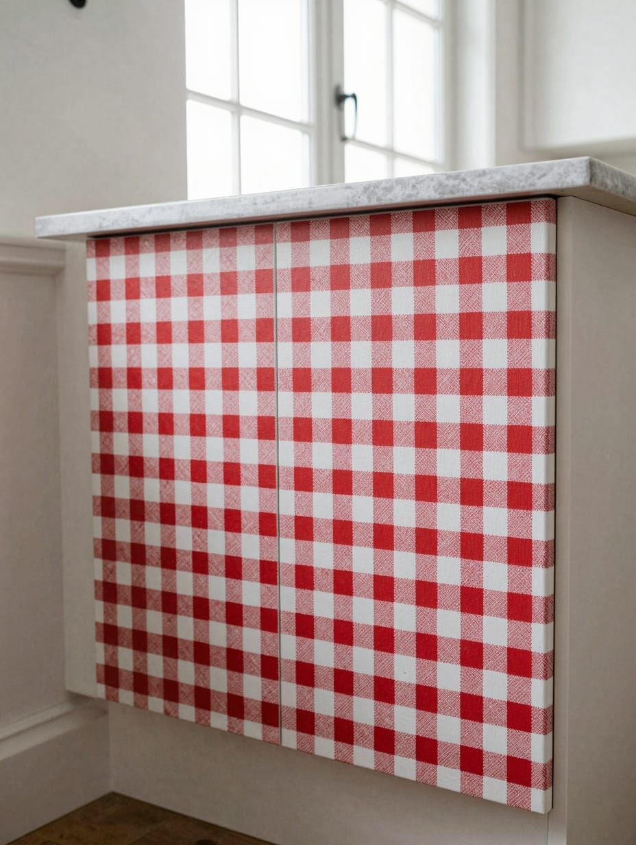 A wooden cabinet painted with a classic red and white gingham pattern, creating a country chic look.